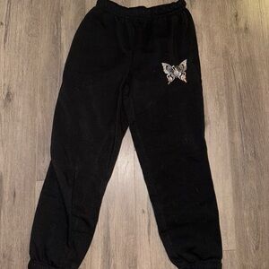 Black Sweatpants with Elastic Cuffs and Butterfly Design